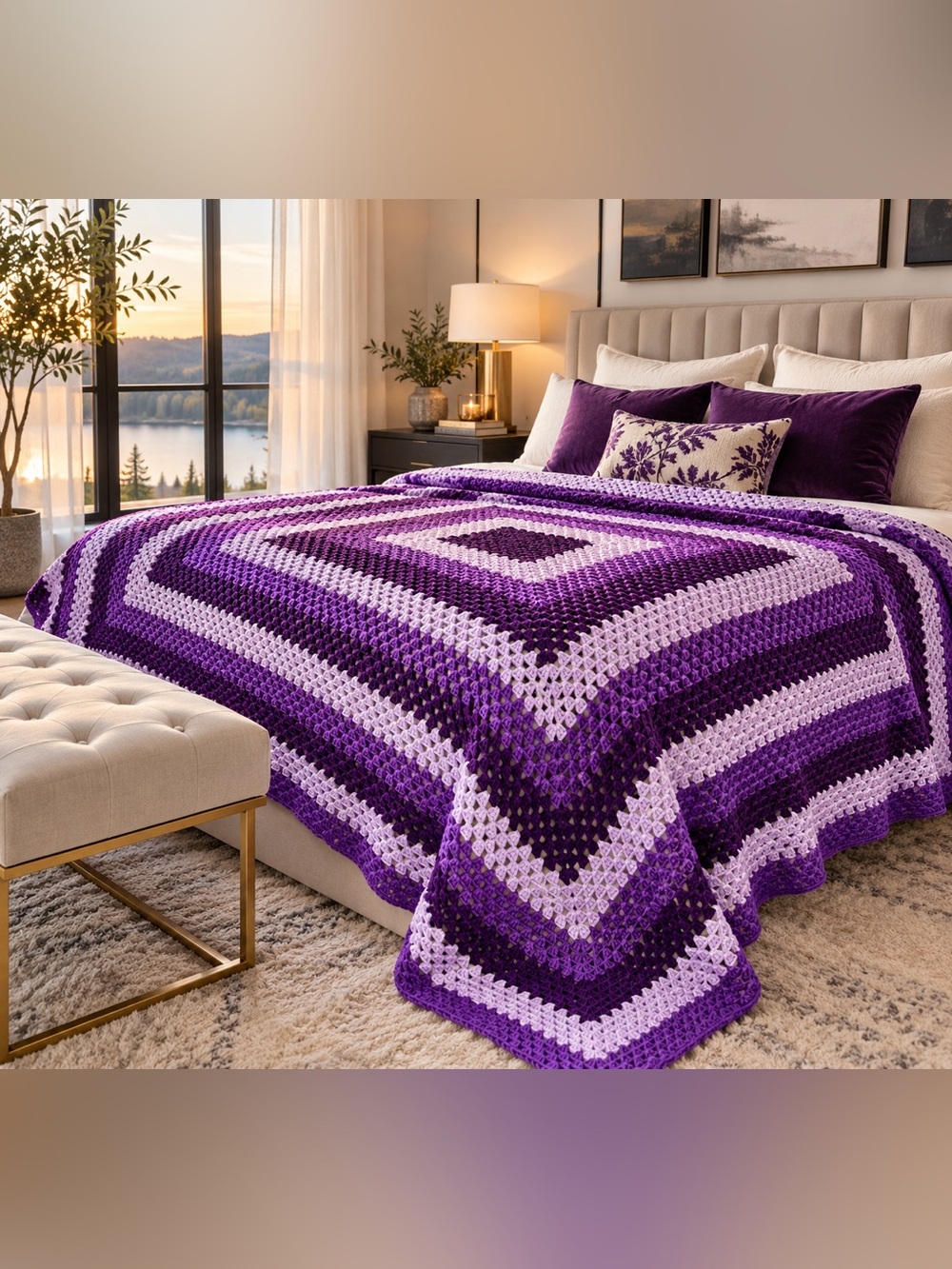 Handmade Purple & White Crochet Afghan Blanket – Oversized 98” x 85”